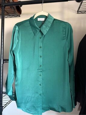 Satin Dress Forum Women Emerald Green Satin Button-Up Shirt